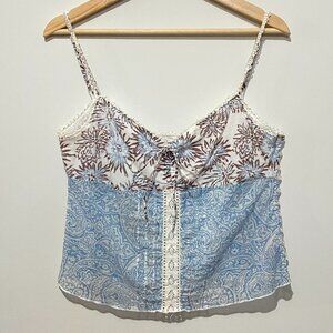 Vintage Y2K Guess Camisole Top Blue Paisley Brown Floral Lace Babydoll Cotton